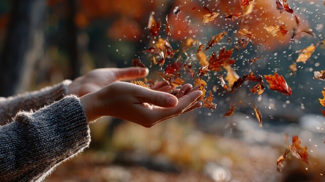Embracing Autumn's Embrace: Capturing the graceful dance of fall as gentle hands release a cascade of colorful leaves, creating a moment of serene beauty and seasonal transformation.