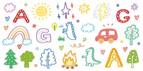 Cute hand drawn doodle elements for children including letters dinosaurs rainbow sun car trees and campfire