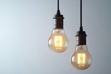Two vintage style incandescent filament light bulbs glowing warmly against a plain light gray background