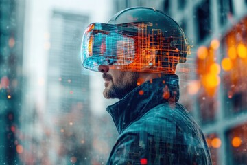 A futuristic man wearing a VR headset, immersed in a digital cityscape overlay.