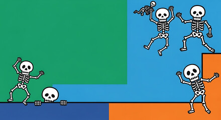 Whimsical skeletons cavorting across a colorful abstract geometric landscape