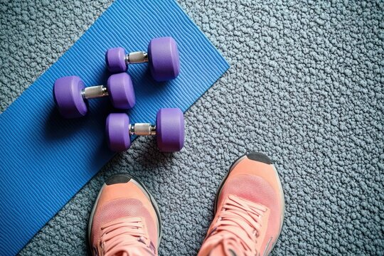 two purple dumbbells on a blue exercise mat with a pair of peach-colored sports shoes on a textured gray carpet, conveying a sense of fitness and workout preparation