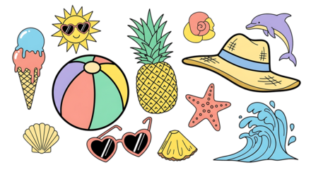 Playful vibrant summer elements collection on black backdrop in cartoon style