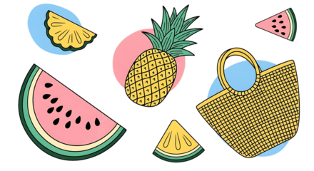 Whimsical Summer Fruit Medley with Woven Beach Bag on a Black Background