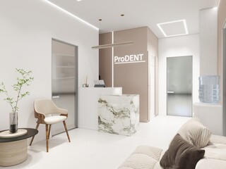 Modern dental clinic reception with minimalistic design. Bright, cozy space with marble counter, soft seating, and elegant decor creating a welcoming atmosphere