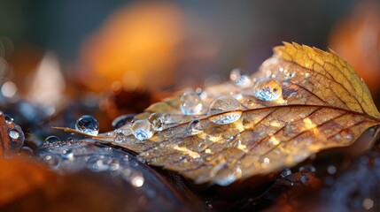 Rain-Kissed Autumn Leaf: Close-up, nature's art, showcasing an autumn leaf adorned with sparkling water droplets, each a tiny mirror reflecting the beauty around, in macro.