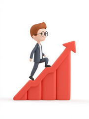 Cartoon business character climbing growth bar chart symbolizing success and performance improvement