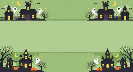 Whimsical Halloween illustration featuring spooky houses, ghosts and pumpkins