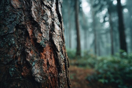 Close-up of a weathered pine tree trunk, bathed in the soft light of a misty forest