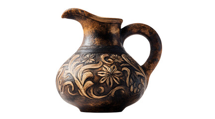 A rustic brown pitcher with floral carvings and a handle against a white background in a studio shot