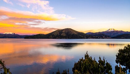 Fototapeta premium Majestic lake reflecting colorful sky during scenic sunset over mountains