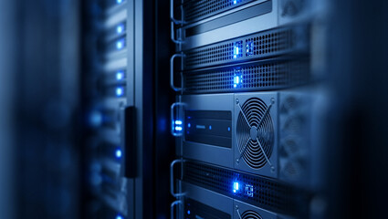 Server rack with glowing lights in a data center or similar environment.