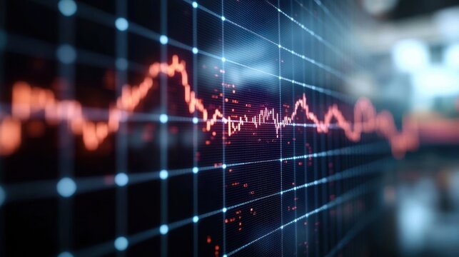Close-up of a digital stock market graph with bright red fluctuating line overlay on dark grid background indicating financial data trends
