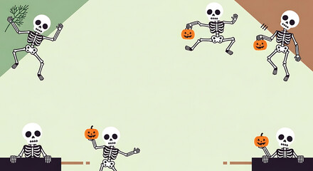 Playful skeletal figures celebrating spooky season on a geometric backdrop