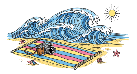 Retro camera on striped towel with oceanic wave illustration on dark background