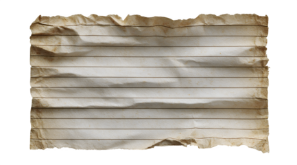 A creased and aged sheet of lined paper with a torn corner and whiteened edges on white background