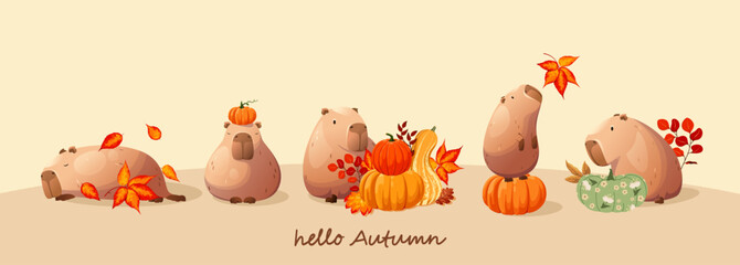 Set of funny autumn capibaras with pumpkins and leaves. Cute animals. Cartoon style. Vector.
