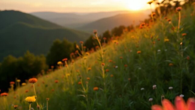 Wildflowers bloom on green hillside during golden hour in nature setting