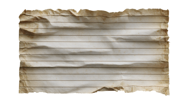 A creased and aged sheet of lined paper with a torn corner and whiteened edges on white background