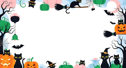 Whimsical Halloween frame with charming black cats and colorful pumpkins