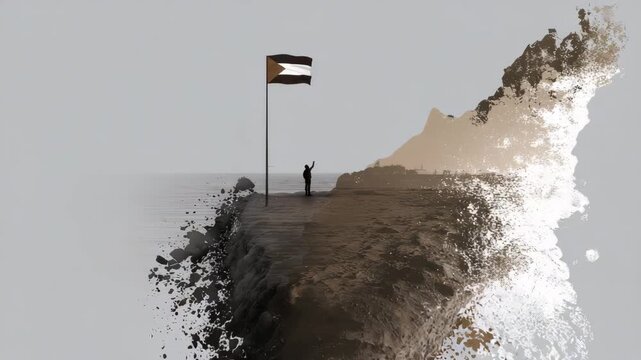 A flag is on a pole in the middle of a rocky beach. A person is standing on the beach. White flag planted on generic Gaza map silhouette, clean conceptual muted ceasefire