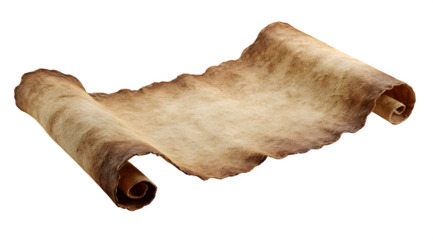 A close up of an old parchment scroll with curled edges on a plain white background in a studio shot