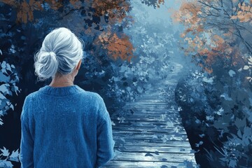 An elderly woman with grey hair stands facing a winding path through a mystical blue forest.