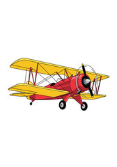 A vintage red and yellow biplane aircraft in flight showing its propeller and wings
