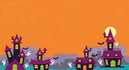 Spooky vector illustration showcasing haunted houses and playful ghosts over