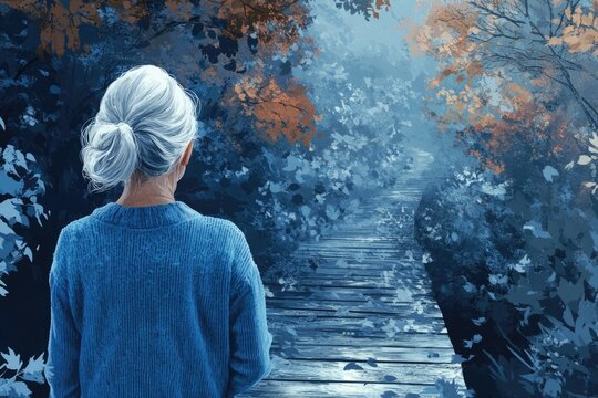 An elderly woman with grey hair stands facing a winding path through a mystical blue forest.
