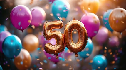 Colorful celebration with gold foil balloons shaped as number fifty surrounded by multicolored balloons and festive confetti in warm lighting