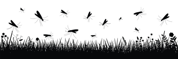 Vector Meadow Silhouette with Mosquitoes – Nature Scene with Grass and Insect Symbols Isolated on White Background – Outdoor and Wildlife Illustration for Eco Design