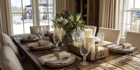 Rustic elegant dining room with wooden table and candlelight centerpiece