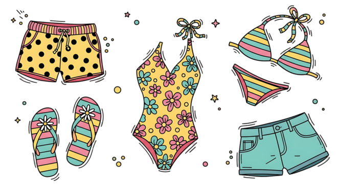 Summer vacation doodle compilation showcasing an array of vibrant apparel