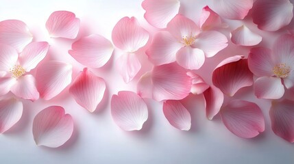Delicate soft pink flower petals scattered on a smooth white surface evoking a sense of calm and natural beauty