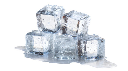 Obraz premium A close up of five ice cubes stacked on top of each other with a white background and some melting water
