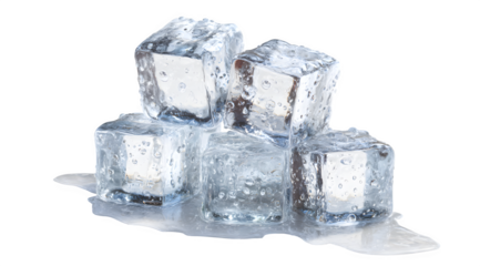 A close up of five ice cubes stacked on top of each other with a white background and some melting water