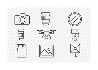 Photography equipment icons: camera, lens, drone, flash, tripod, memory card, filter