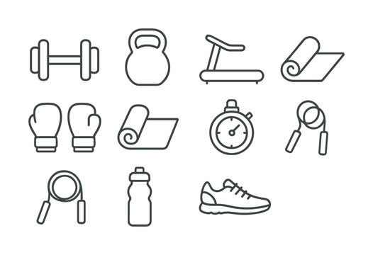 Fitness icons: dumbbell, kettlebell, treadmill, yoga mat, boxing gloves, stopwatch, jump rope, water bottle, shoe