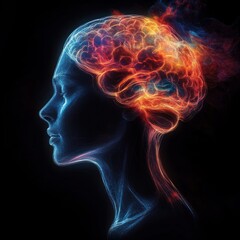 Side profile of a human head with a glowing brain depicted in fiery orange and red colors, expressing intense thought or mental activity