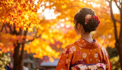 鮮やかな紅葉を眺める晴れ着姿の女性の後ろ姿のポートレート
