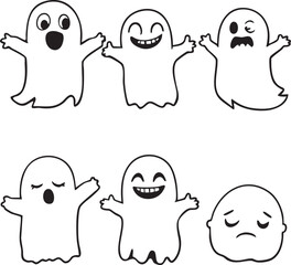 Set of cute cartoon ghosts with different facial expressions black and white line art illustration for halloween and decoration