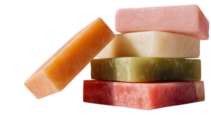 A stack of colorful soap bars with an orange bar leaning against the stack on a white background