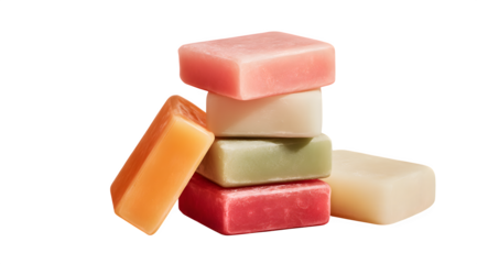 A stack of colorful handmade soap bars sitting against a white background in a studio shot