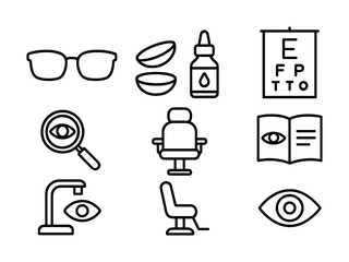 Vision care icons set: glasses, contact lenses, eye exam tools, ophthalmology