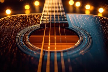 Obraz premium Close-up view of an acoustic guitar with glowing lights in the background creating a warm and inviting atmosphere