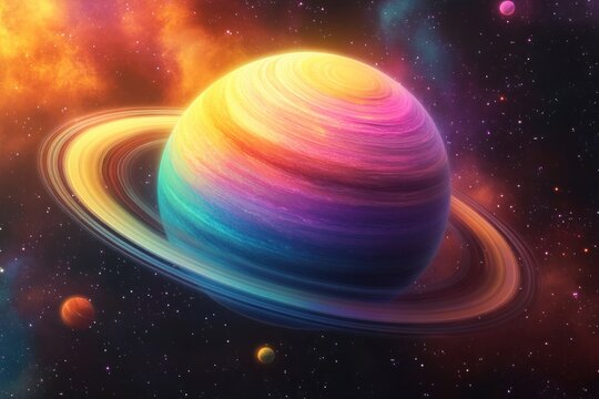 Vibrantly colored ringed planet surrounded by smaller moons and glowing nebulae in deep space with starry background