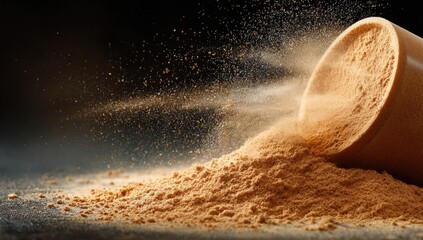 Light-brown powder spills from container, motion blur