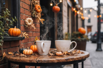 Two cups of hot fragrant coffee on the table near the decorated house for Halloween. Cozy autumn terrace in a cafe. Hot warming tea for two