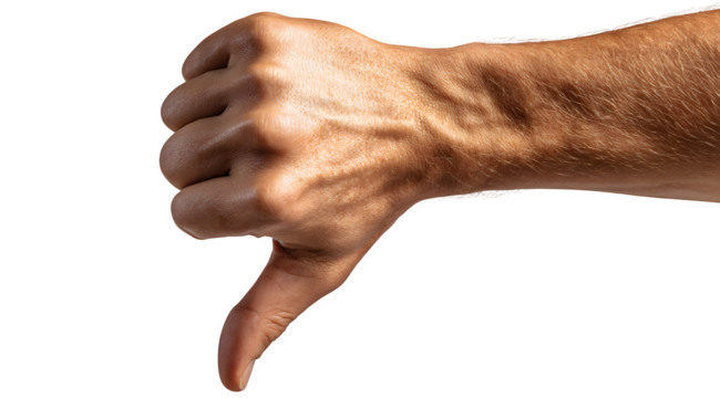 A close up of a hand giving a thumbs down gesture against a white background in a studio shot